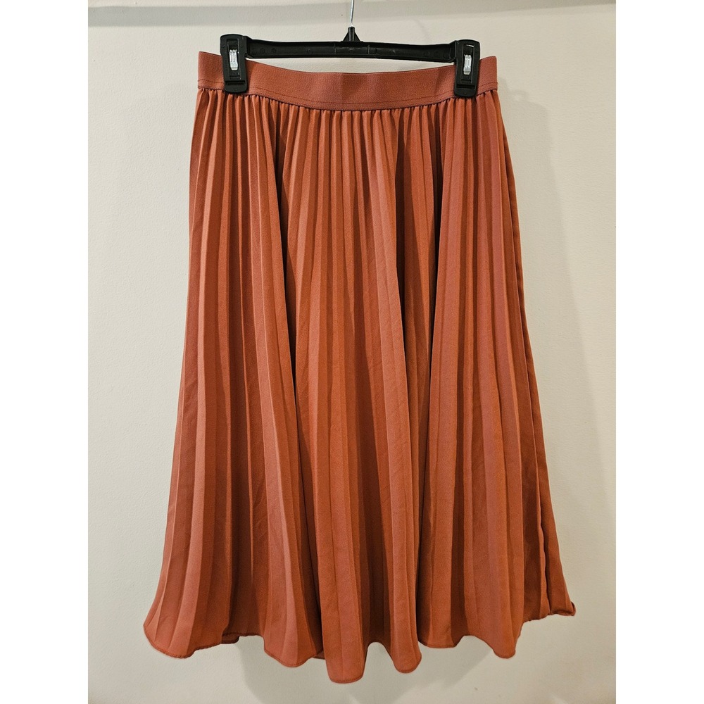 Kate Kasin Rust Terrcotta Pleated Midi Skirt High Waist Pull On A-Line Size M